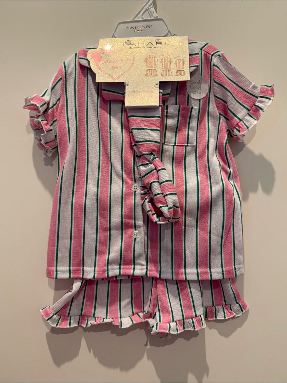 VIRAL!! Tahari Child Pink/Green Striped Short PJ’s with Headband- Size 3T- NWT